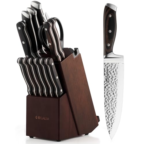Mealia Kitchen Knife Set with Block, 15-Piece Professional Stainless Steel Sharp Knives Set for Kitchen with Built-in Sharpener, Ergonomic Wooden Handle, Full Tang Forged Triple Rivet, Boxed Knife Set