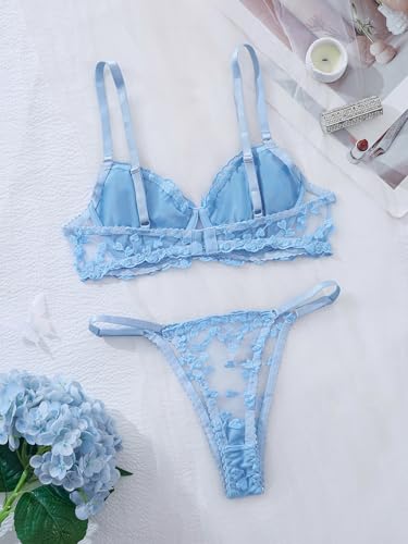 Image of Sexy Floral Embroidered Flower Mesh Underwire Push Up Lingerie Set