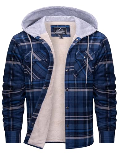 Cotrasen Mens Flannel Jacket Cotton Heavy Thick Sherpa Fleece Lined Plaid Shirt Jackets Warm Button Up Winter Coats with Hood