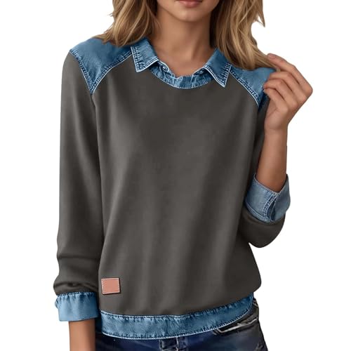 Generisch Sudadera vaquera para mujer, patchwork, camiseta de manga larga con diseño informal de solapa, jersey de invierno ligero como top casual, elegante chaqueta de camionero alternativa., O gris