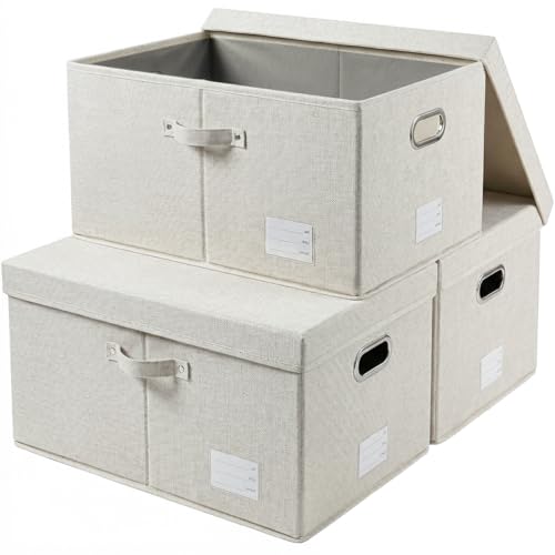 Image of PRANDOM Storage Bins with Lids [3-Pack] Linen Fabric Foldable Storage Boxes Organizer Containers Baskets Cube with Cover for Bedroom Closet Office Beige (23.4X15.9X11.4)