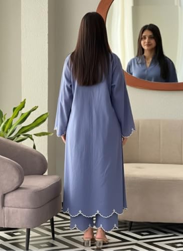 Image of ANNI Designer Women Viscose Embroidered Straight Kurta with Palazzo | V Neck Long Sleeve Kurta Set | Ethnic Kurta Palazzo Set for Women