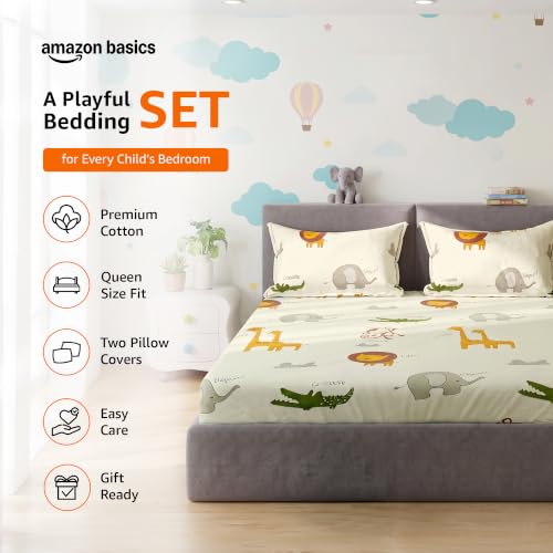 Image of Amazon Basics - 100% Cotton Kids Bedsheet | 144TC |Flat Queen Bed Sheet with 2 Pillow Cover|Soft Cotton | Cartoon Print | 88 Inch x 90 Inch, Lion Themed Queen Bedsheet
