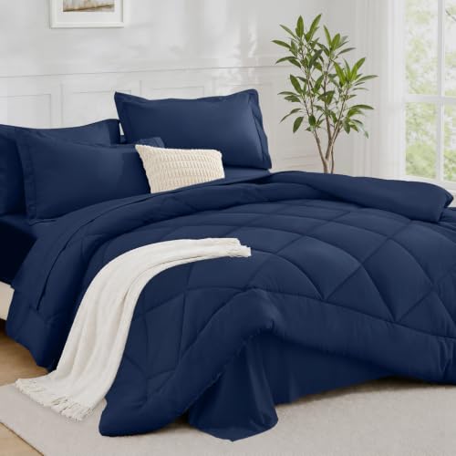 FUANNA King Size Comforter Set 7 Pieces Luxury King Comforter Set All Season Soft King Bedding Set with Lightweight Fluffy Comforter Flat Sheet Fitted Sheet Pillowcases & Pillow Shams Navy Blue