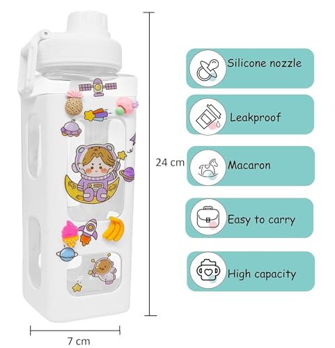 Image of Kawaii Water Bottle with Straw and Lid, 700ml /23.6OZ Cute Water Bottles BPA-free & Leak Proof Square School Drinking Bottle, Cute Plastic Color School Water Bottle for Girls (Pista)