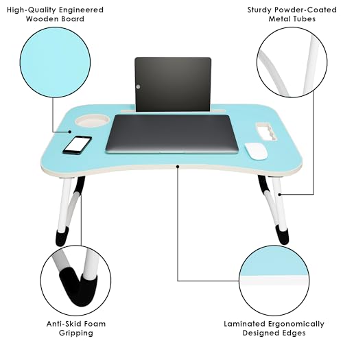Image of Laptop Table with Dock Stand Wood Smart Standard Multi-Purpose Solid /Study Table /Bed Table /Foldable and Portable /Ergonomic & Rounded Edges /Non-Slip Legs /Engineered (Blue)