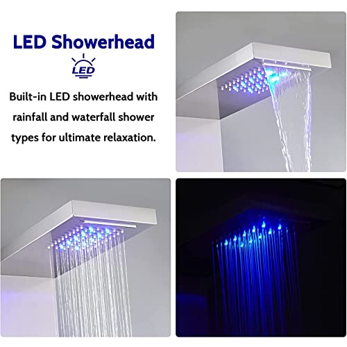 Cheersoon Led Shower Panel,Stainless Steel Shower Tower System With Auto Thermostatic Valve,Wall-Mount Complete Shower Column With 5 Function,Brushed Nickel #TOP3