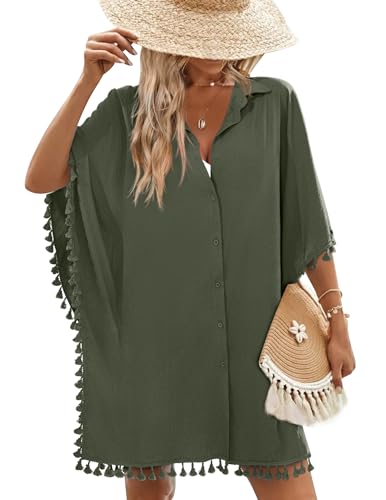 Pareo de traje de baño manga 3/4 cubierta playa borlas camisa oversize