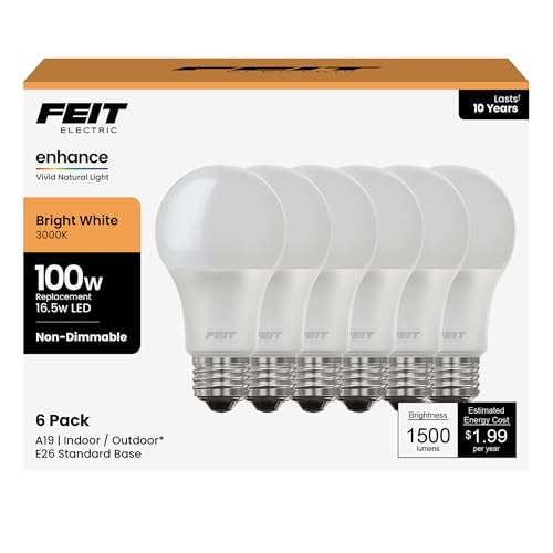 Feit Electric A19 100W Equivalent LED Light Bulbs, Non-Dimmable, 3000k Bright White, 1600 Lumens, 10 Year Lifetime, E26 Base, CRI 90, UL Listed, Damp Rated, 6 Pack, OM100/930CA10K/6