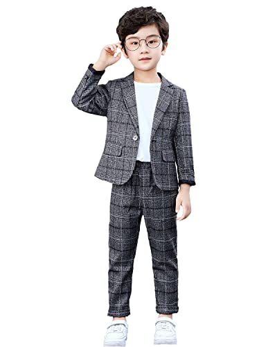 lontakids Boys Plaid Blazer Pants Set Casual Suit Classic Kids 2 Piece Sport Coats Outfits (Grey, 8)