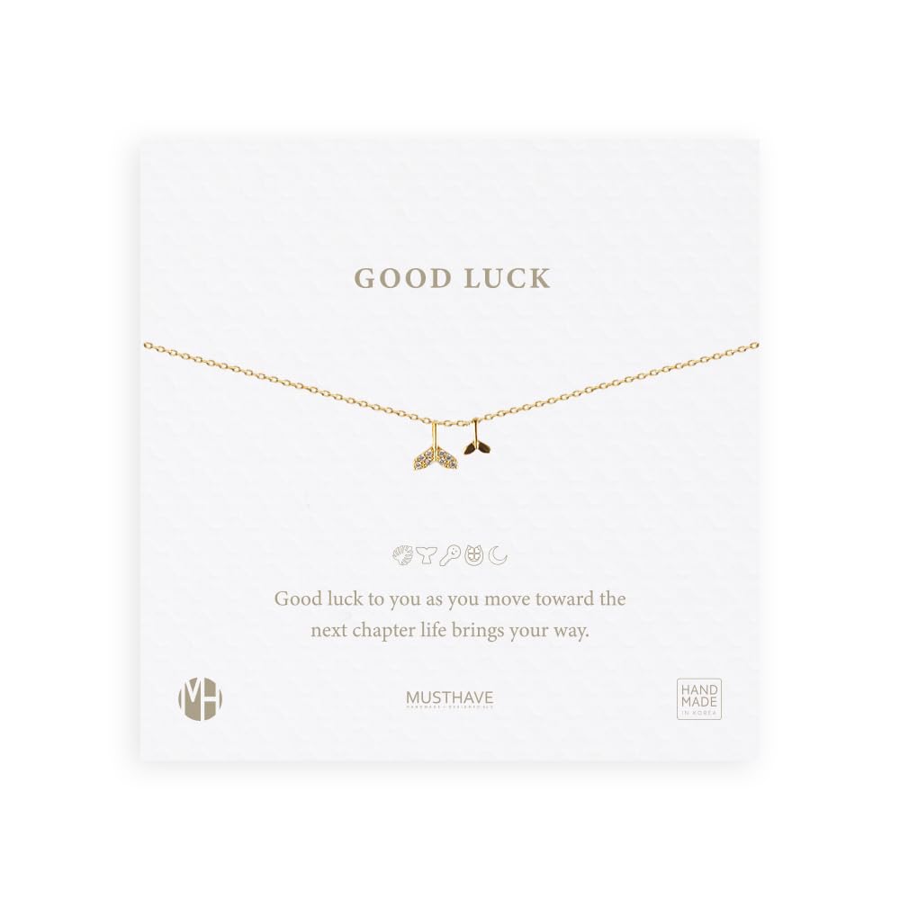 MUSTHAVE Good Luck 18K Gold Plated Necklace with message card, yellow gold color, Anchor Chain, Best Gift Necklace, Size 16 inch + 2 inch Extender, Gift card, Key, Monstera, Moon, Clover, whale tail, fluke