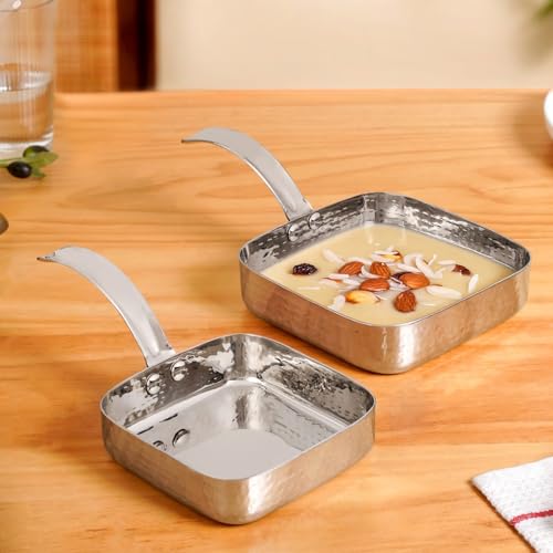 Image of Nestasia Stainless Steel Serving Dishes Set of 2 (420ml, 650ml) - Hammered Flat-Base Square Steel Serving Pan with Handle | Rust, Stain & Scratch Resistant Serveware with Glossy Finish