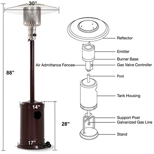 47000BTU Commercial Gas Standing Patio Heater LP Propane Heater Garden Tall Outside Outdoor Heater with Wheels Cover, Hammered Bronze