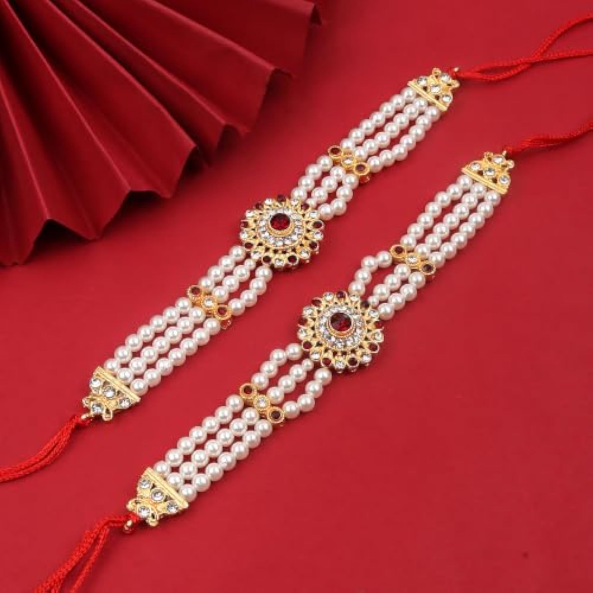 Red Colour Round Shape Armlets with Pearl Beaded Bajuband