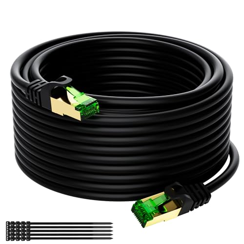 Mygatti Cable Ethernet CAT 8 para exteriores e interiores-30 metros,40 Gbps/2000 MHz,cable de red S/FTP con conector RJ45,resistente a los rayos UV,para cámara POE,router,conmutador,módem+25 bridas