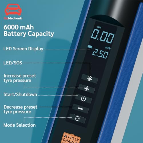 Image of GoMechanic Portable Jump Starter for Car Battery | 10000mAh | Car Battery Jump Starter & Tyre Inflator | 1000A Peak Current | 5L Petrol & 3L Diesel Engines | 150 PSI Air Pump | LED Light & Power Bank