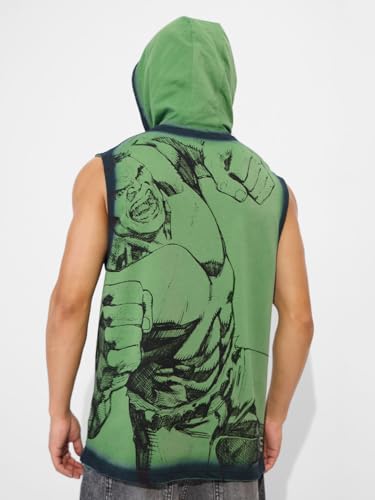 Image of The Souled Store Hulk: Always Angry Men and Boys Sleeveless Green Graphic Printed Regular Fit Cotton Hooded T-Shirts