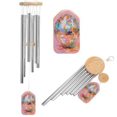 Scacciapensieri con sfera da discoteca, colore rosa pastello, con 6 tubi in alluminio, decorazione da giardino e cortile