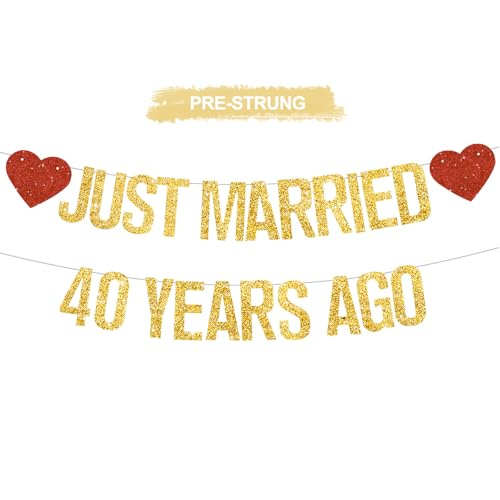 RICHHHA Gold Glitter Just Married 40 Years Ago Banner NO DIY Pre-Strung 40th Wedding Anniversary Party Decorations 40 Years Blessed & Loved Garland Sign We Still Do 40th Party Supplies