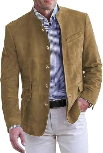 Men's Classic Stand Collar Blazer, Khaki Suede Military Style Formal Suit Jacket with Button Front