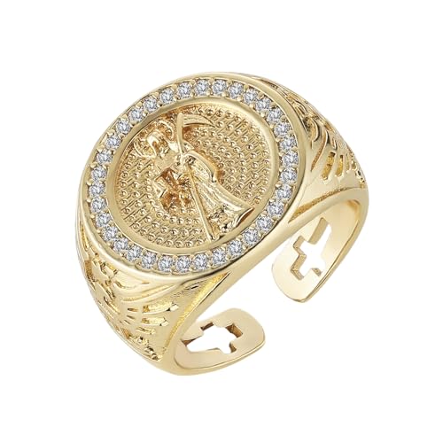HZMAN Grim Reaper Ring for Men Women Retro Gothic 14K Gold Plated Santa Muerte Rings Wide Open Ring Jewelry Gift
