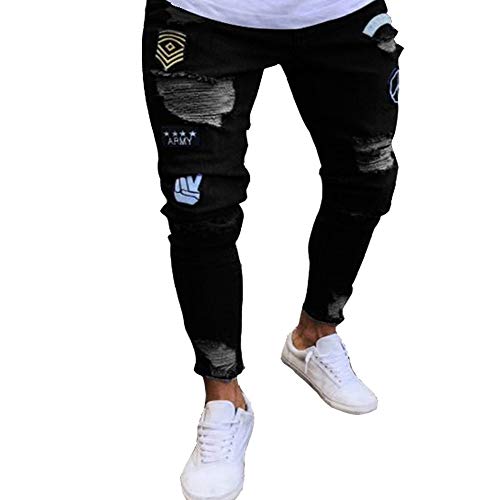 GELing Hommes Jeans Serrés déchirés Pantalon Trou Brodé Coton Droit Jeans Pantalon Rétro Imprimé Pants Denim Hip Pop Baggy Harem Jeans Taille Basse Stretch Élastique Pants Décontracté Noir 2 XXL Cover
