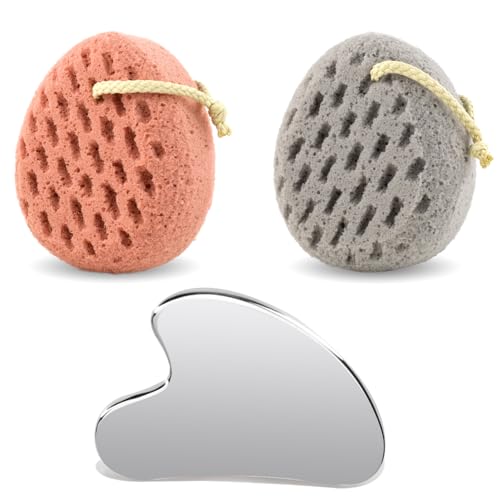 BAIMEI Bath Sponge and Stainless Steel Gua Sha Tool for Face & Body, Exfoliating Shower Sponge and Massage Tool Set