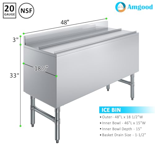 AmGood Underbar Ice Bin 18.5 in. x 48 in. x 30 in. | Stainless Steel Ice Chest with Sliding Lid | NSF