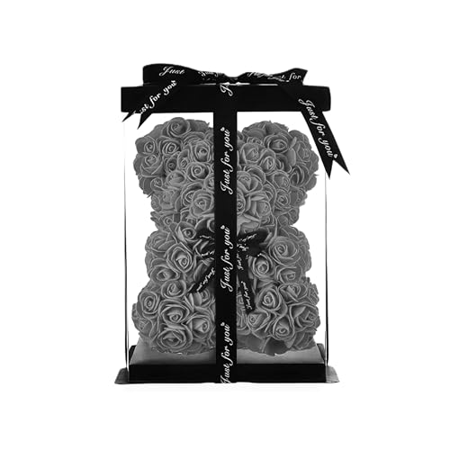 PACKEO Rosenbär 25 cm mit Geschenkbox – Bär aus Kunstrosen/Schaumrosen Freundin, Valentinstag, Muttertag, Geburtstag, Dekoration, handgemacht (Grau)