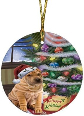 Christmas Express Delivery Red Truck Running Shar Pei Dogs Round Flat Ornament - Pet Decorative Hanging Ornaments for Christmas X-mas Tree Decorations - 2.75" Round Christmas Ornament