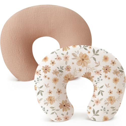 Image of Konssy 2-Pack Muslin Nursing Pillow Covers, Soft & Adorable Nursing Covers for Breastfeeding Pillows, Slipcovers for Newborn Boys & Girls(Toffee, Flourish)