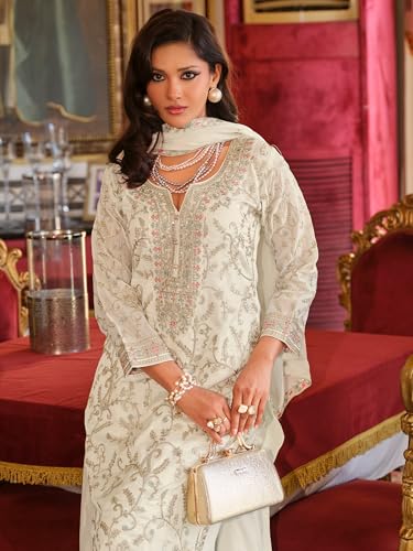 Image of INDO ERA Women's Chinon Ethnic Motifs Embroidered Straight Kurta & Palazzo with Dupatta Set (IEOUT11705)
