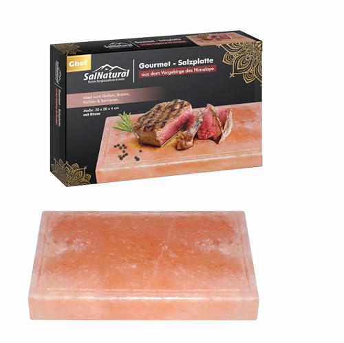 SalNatural Gourmet Salz Grillstein 30x20x4 cm (CHEF) mit Rinne. Original Kristallsalz aus dem Vorgebirge des Himalaya* Salzstein zum grillen. BBQ Grillplatte .Premium Geschenkbox