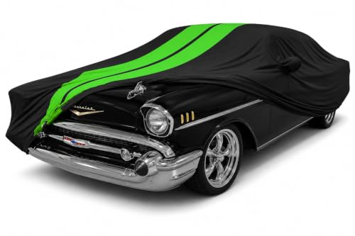Image of SR1 Performance USA Indoor Car Cover for 1950-1957 Chevy Bel Air - Ultraguard Stretch Satin, Custom Fit Indoor Protection, Soft Breathable Dust Cover, Premium Show Car (Black with Green Stripes)