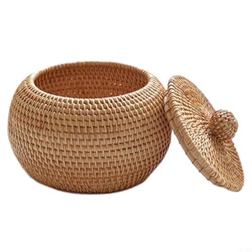 HavenDomicile Cesto portaoggetti in vimini con coperchio, scatola organizer in rattan per snack, pezzi di scacchi, gioielli e altro ancora, marrone, 15 x 15 x 12 cm, per casa, soggiorno, camera da