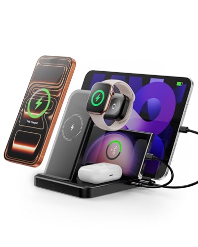 Caxdon Multiple Devices Charging Station, 5-in-1 Charging Station for iPhone 17 Pro Max/Pro/16/15/14/13/12, iPad Pro/Air/Mini, Apple Watch and Airpods,Wireless Charging Dock(G805) (Black)