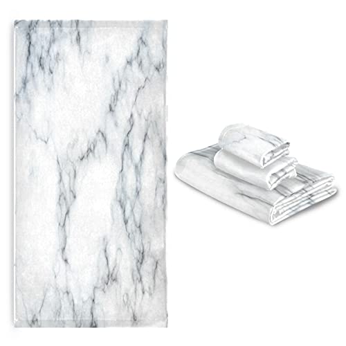 Qilmy 3-Piece Grey White Marble Towel Set With Bath Towel, Hand Towel & Washcloth, High Absorbent Soft Towel Set For Bathroom, Hotel, Kitchen, Gym And Spa #TOP6