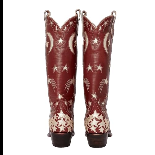 Womens Embroidered Cowboy Boots Almond Round Toe Pull On Cowgirl Boots Moon and Star Inlay Western Boots3