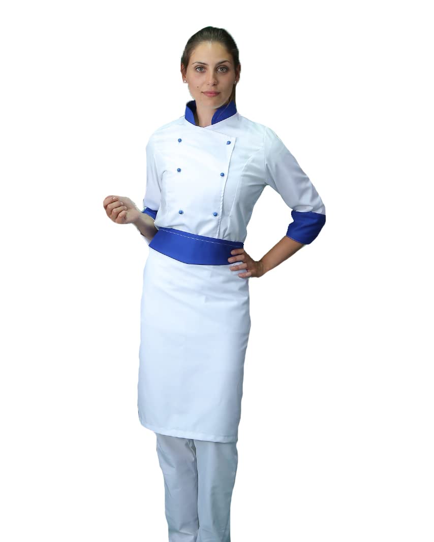 RICAMO GRATUITO - Divisa Cuoco Donna - Bianca e Royal - 3PZ - Giacca, Pantalone e Grembiule - Completo per Cucina e Ristorante - Made in Italy