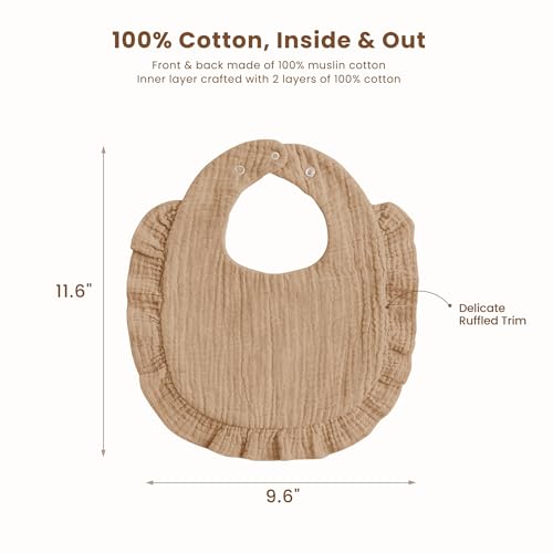 Image of Konssy 3-Pack Muslin Baby Girl Bibs, 100% Cotton with Ruffle Trim | Ultra Soft & Absorbent, Baby Essentials for Drooling and Teething, for Newborn, Infant & Toddler 0-36 Months
