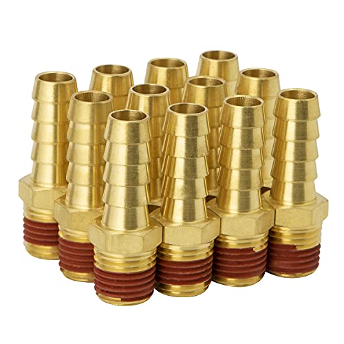 Sungator 12-Pack Air Hose Fittings, 1/4" Npt To 3/8" Barb, Hose Barb Adapter With Sealant, Brass Pipe Fittings Male Threaded With 12 Pcs Hose Clamp #TOP6