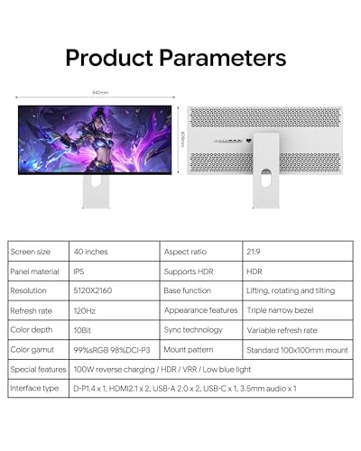 Image of P40K 40'' UHD 5K (5120 x 2160) 120Hz Gaming Monitor, IPS Panel, 10-Bit Color, 99% sRGB, 98% DCI-P3, HDR, 1300:1 Contrast, Eye Care, Anti-Glare (Honeycomb - with Stand x2)