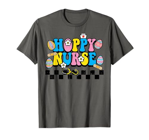 Hoppy Nurse Happy Easter Retro Groovy Scrub Top para mujeres y hombres Camiseta
