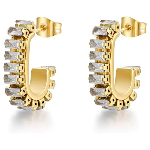 FRUMOS Gold Earrings for Women Girls,14K Gold Plated Hoop Earrings with 925 Sterling Silver Post Cubic Zirconia Huggie Earrings| CZ Stud Earring (White CZ C Shape Earrings) Cover