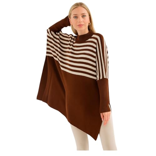 Image of Women's Crew Neck Batwing Sleeve Split Hem Oversized Knit Poncho Sweater