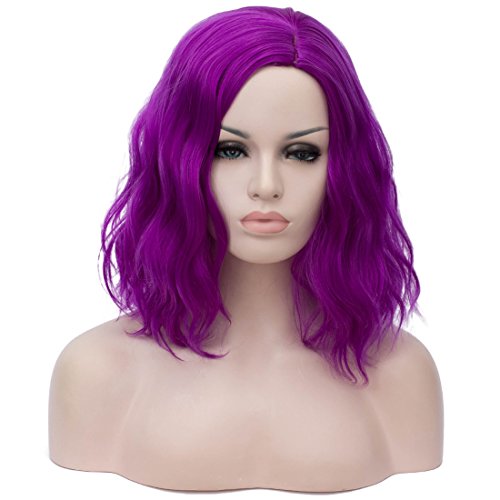 BUFASHION 14" Women Short Dark Purple Wavy Curly Bob Wig Heat Resistant Synthetic Wig Halloween Cosplay Daily Party Wigs Include Wig Cap (Dark Purple 2)