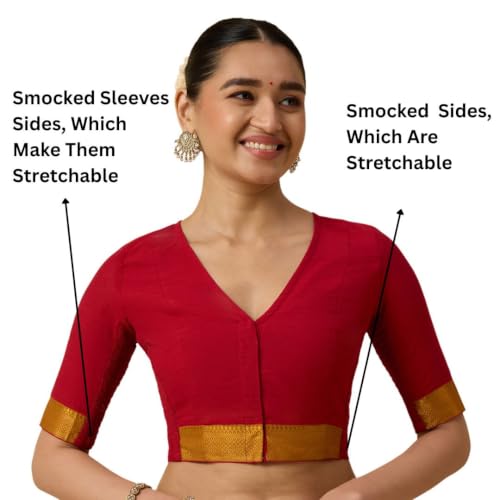 Image of Studio Shringaar Women's Handloom Cotton Stretchable (Smocked) Saree Blouse with Temple Zari Border