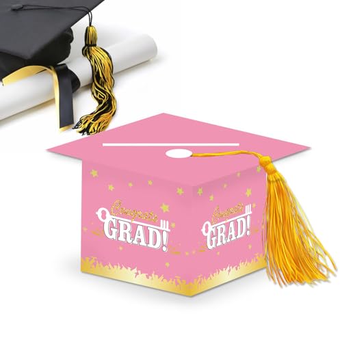 Image of 2026 Graduation Party Card Box, Pink Gold Congrats Cap Card Holder Box with Tassel for 2026 Graduation Party Decoration