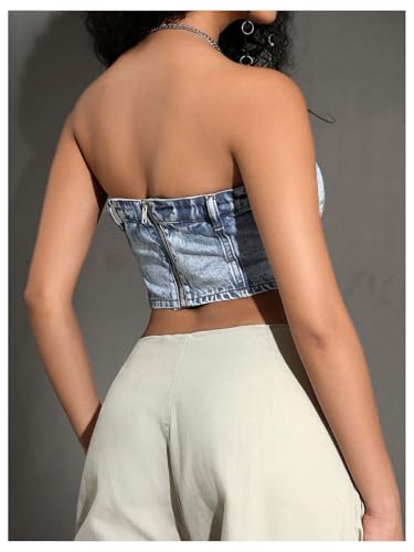 MakeMeChic Women's Denim Tube Crop Tops Strapless Backless Y2k Jean Jacket3