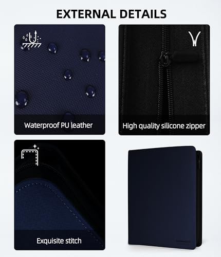 Image of Premium 20 Pocket Card Binder, Holds 1280 Cards for MTG TCG Sports Game Cards(Blue,20 Pocket) | XL side-loading binder with zipper. No-ring design holds 1280 cards in clear pockets.
